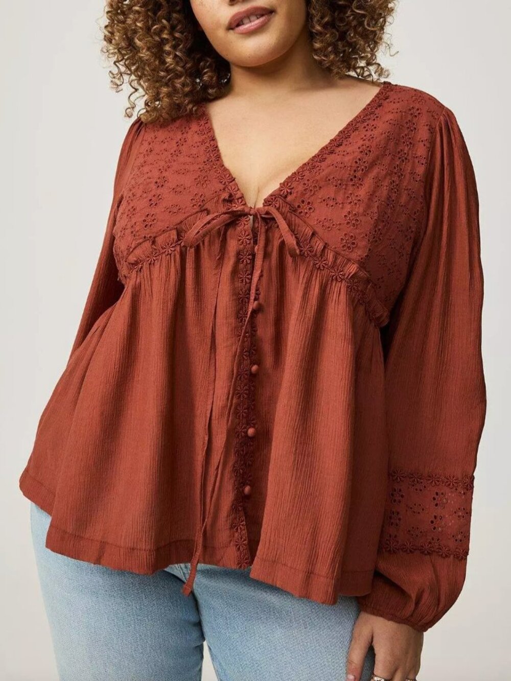 TORRID 1 Plus Size Daisy Trim Top Rust Terracotta Red Orange Boho Long Sleeve 1X